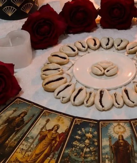 Búzios em círculo sobre um prato branco, cercados de rosas vermelhas, com cartas de tarot na frente