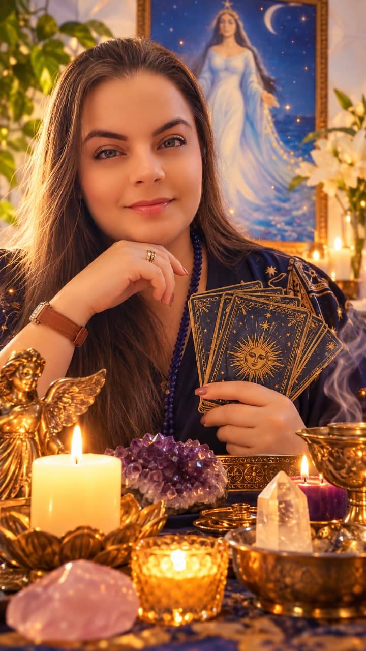 Priscila sorrindo, segurando cartas de tarot douradas diante de velas, cristais e um anjo dourado